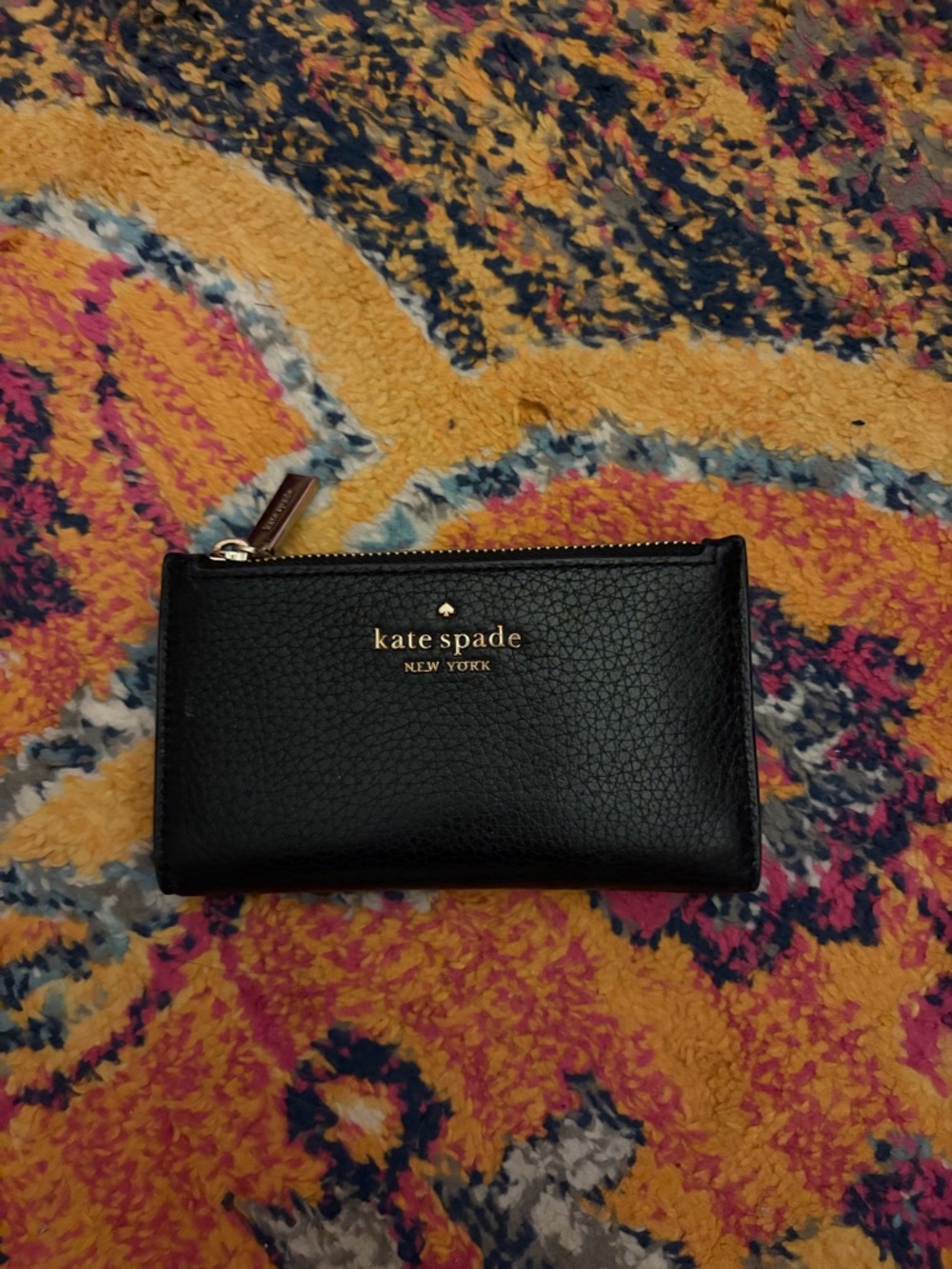 kate spade Black Pebbled Leather Zip Card Pouch with Gold Logo